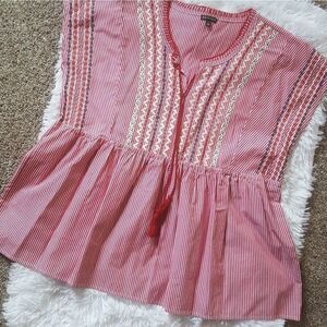 HANNAH‎ Top Red White Striped Embroidered New Womens Size Large